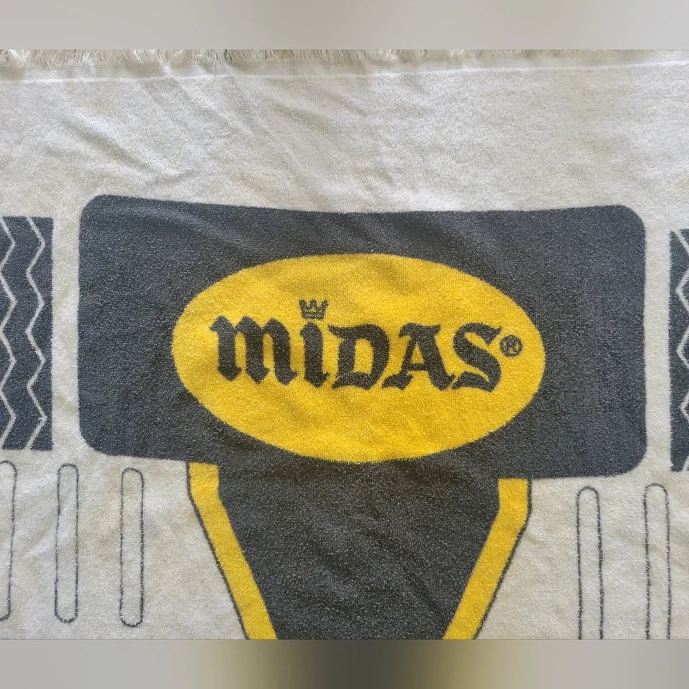 Vintage Midas Beach Towel Cars Muffler Promo 80s Cotton Racing Tires Advertising